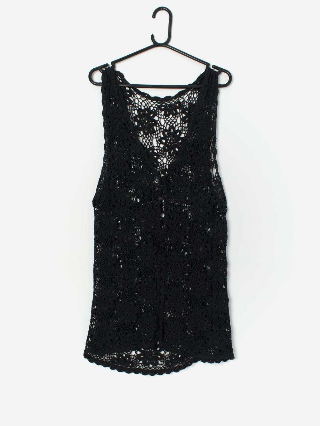 Vintage Long Crocheted Vest Dress In Black Small 4