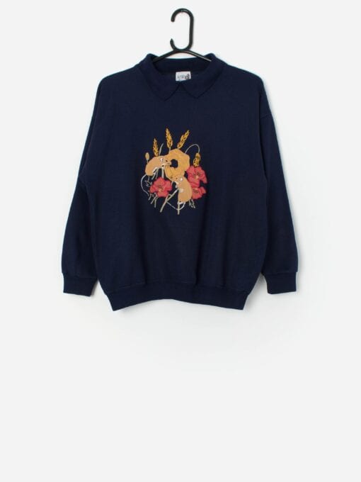 Vintage Navy Blue Collared Sweatshirt With Wood Mice Medium 6