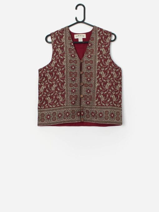 Vintage Orvis Paisley Patterned Waistcoat In Red And Olive Green Small Medium 3