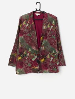 Vintage Silk Jacket With Burgundy Red And Green Abstract Design Medium Large 3