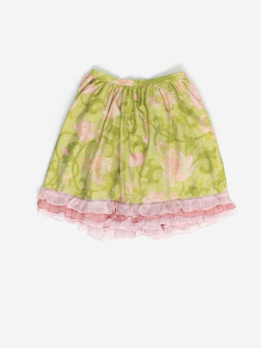 Vintage Silk Ruffle Skirt In Green And Pink Handmade Medium 3