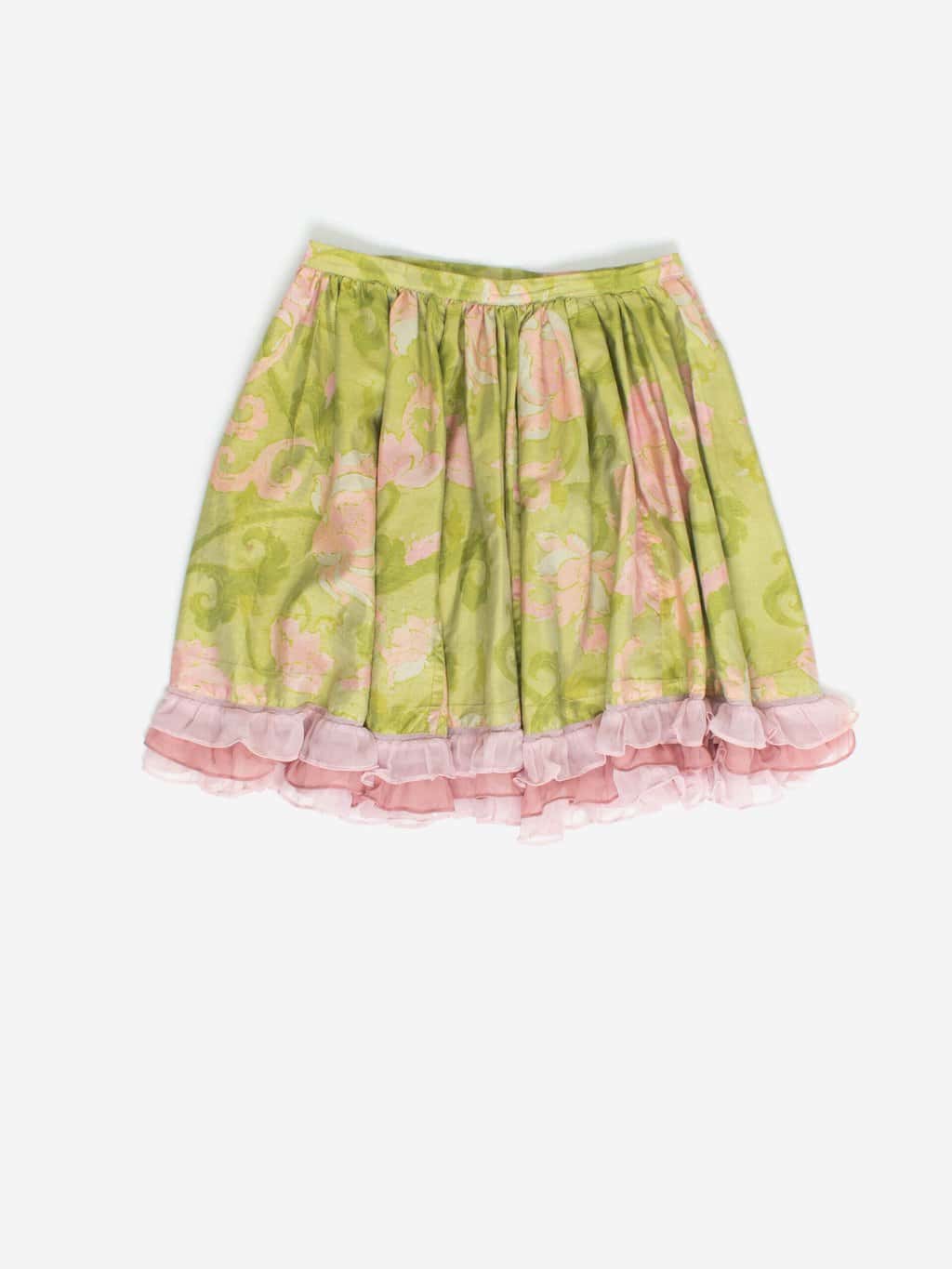 Vintage Silk Ruffle Skirt In Green And Pink Handmade Medium