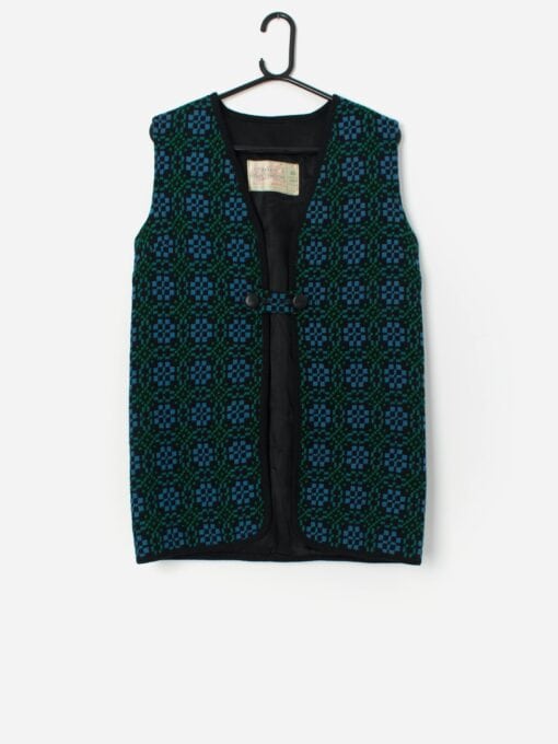 Vintage Welsh Wool Vest In Black With Blue And Green Abstract Design Medium