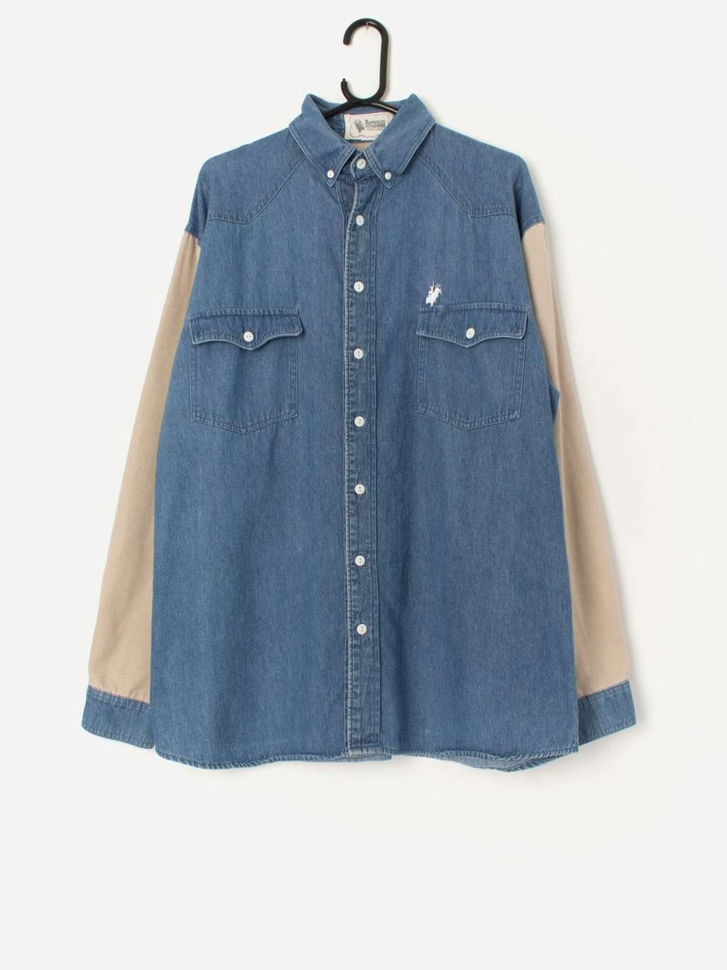 Vintage Western Style Blue Denim Shirt With Cream Coloured Sleeves Large