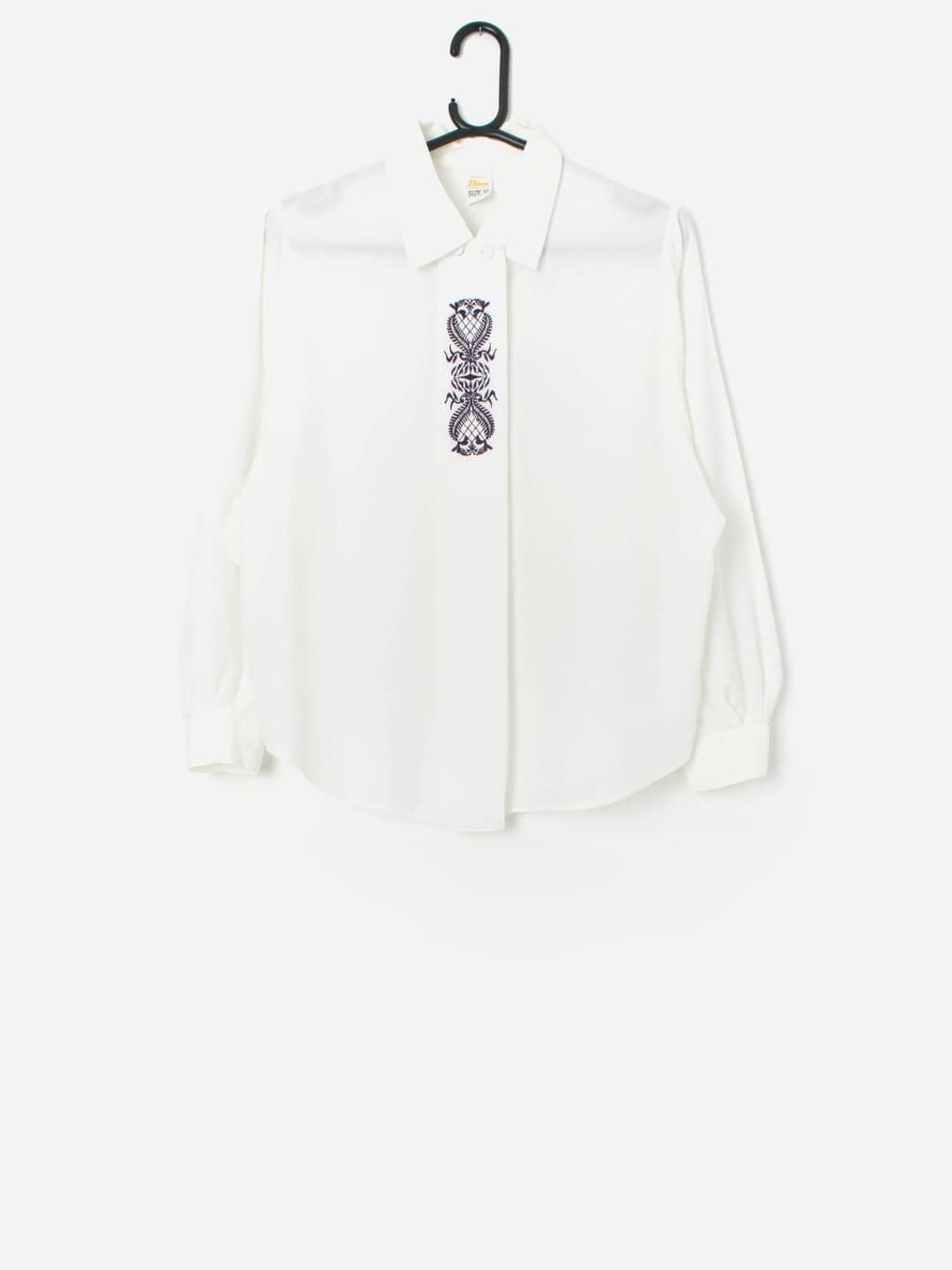 Vintage White Loose Fit Shirt With Embroidered Design Small 3