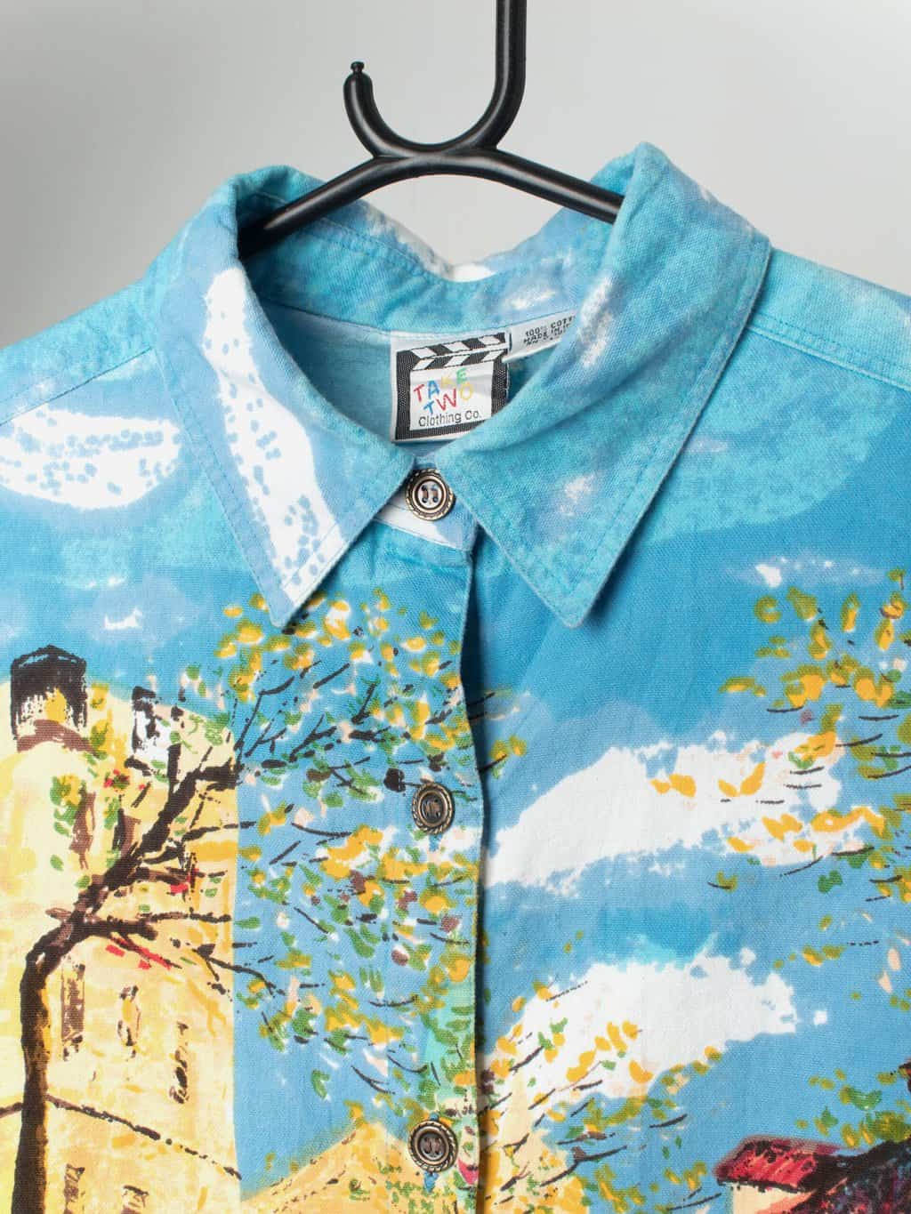 Vintage Women Heavyweight Blouse With Painted Paris Montmartre Street Scene Large 2