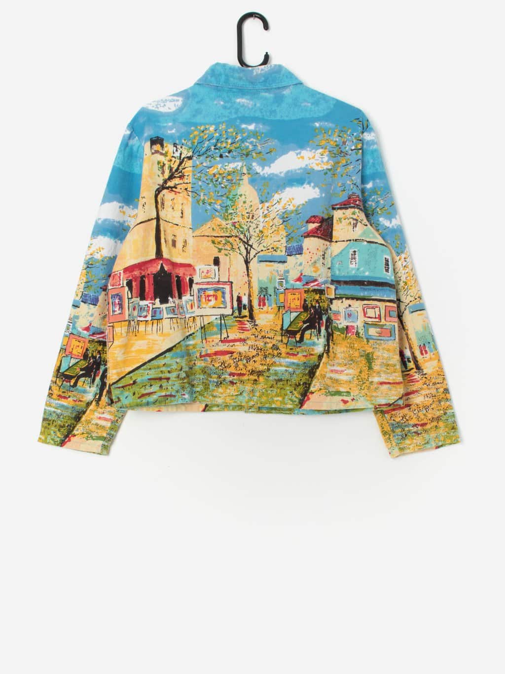 Vintage Women Heavyweight Blouse With Painted Paris Montmartre Street Scene Large