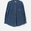 Vintage Women Woolrich Blue Denim Shirt With Patterned Trim On Pocket Xl