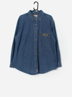Vintage Women Woolrich Blue Denim Shirt With Patterned Trim On Pocket Xl