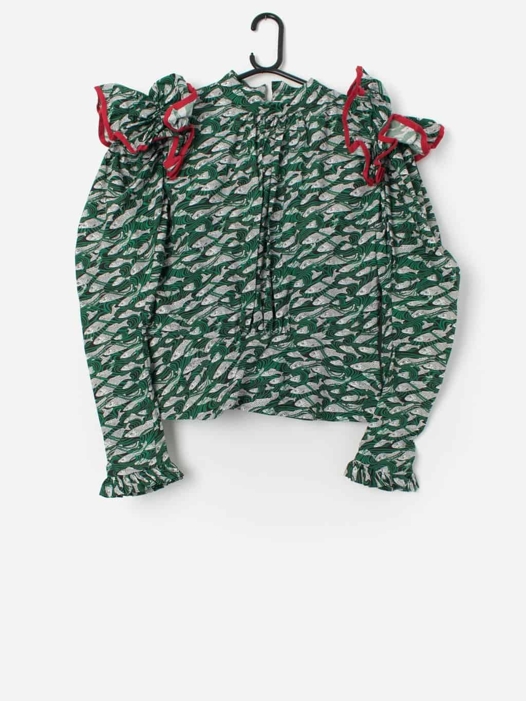 Matty Bovan blouse in green with fish design - Medium