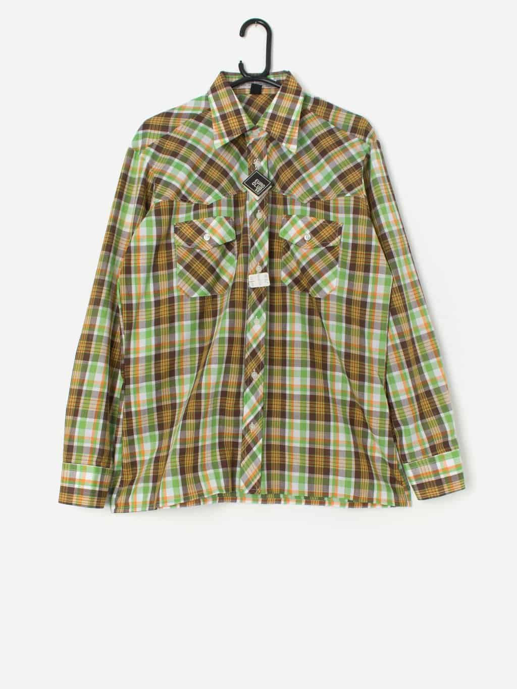 Vintage 1970s plaid shirt in green with original tags, deadstock - Large