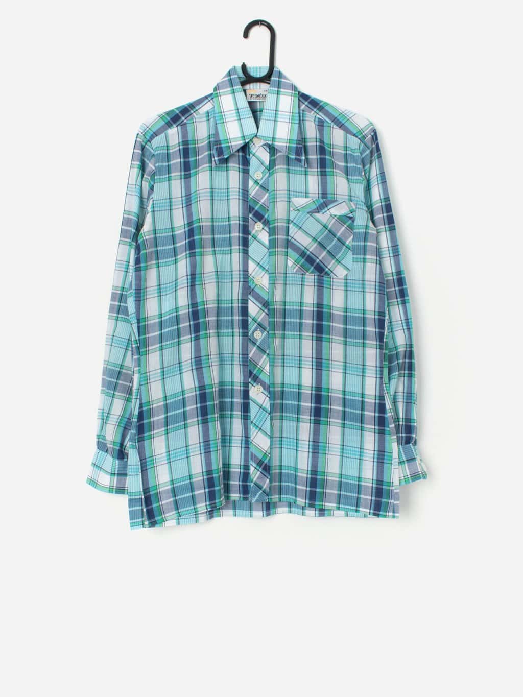Vintage 1970s plaid shirt in blue with original tags, deadstock - Medium / Large