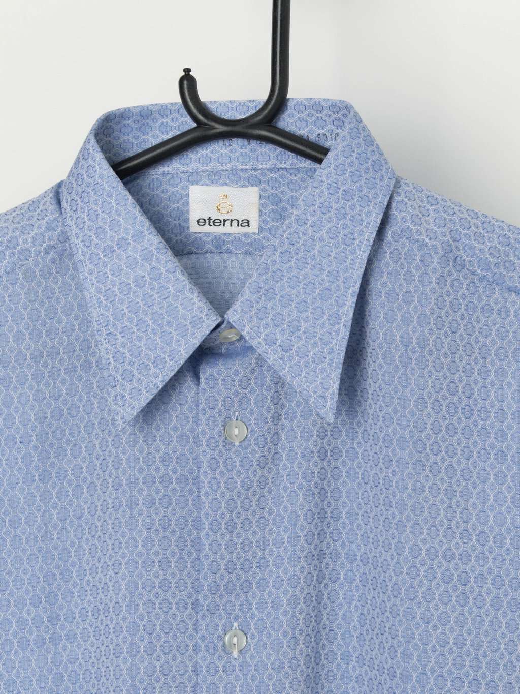 Vintage 70s patterned shirt in soft blue and white - Large - Image 2