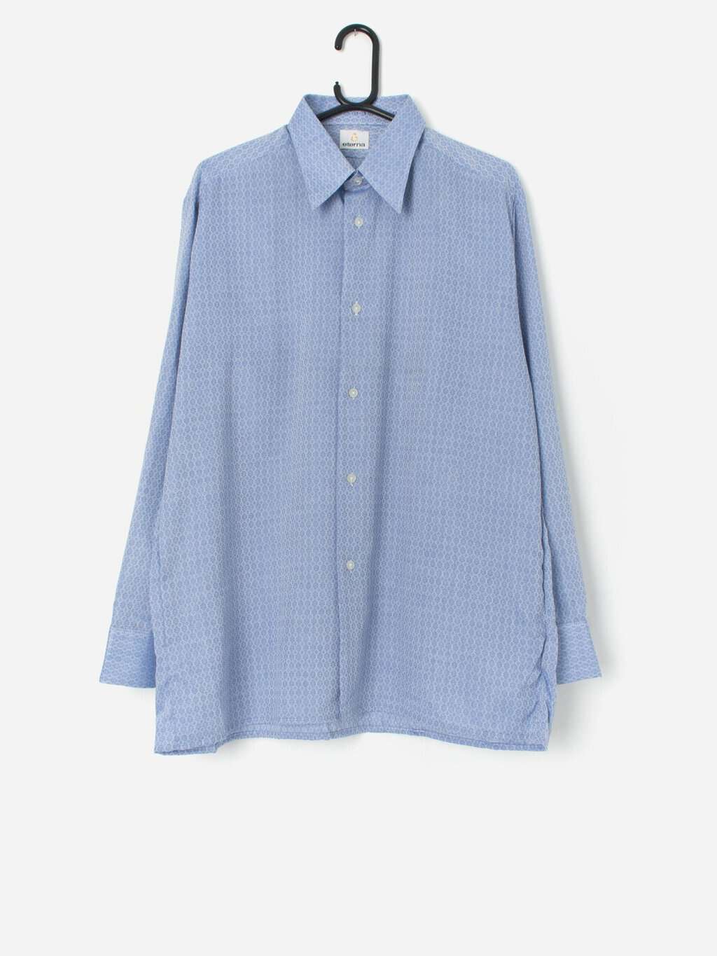 Vintage 70s patterned shirt in soft blue and white - Large