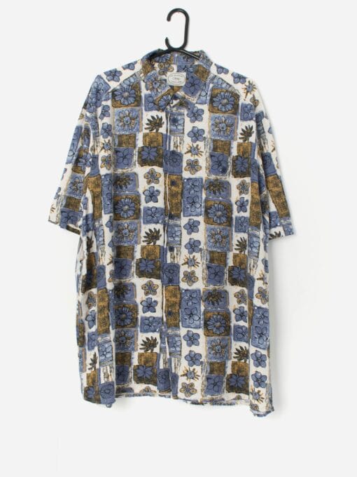 Vintage floral short sleeve shirt in blue and yellow - 2XL