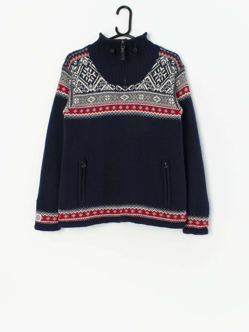 Warm lined quarter zip knitted snowflake jumper, navy blue geometric sweater - Small