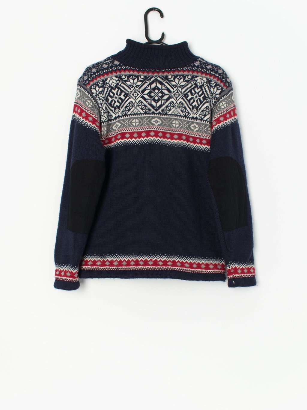 Warm lined quarter zip knitted snowflake jumper, navy blue geometric sweater - Small - Image 3
