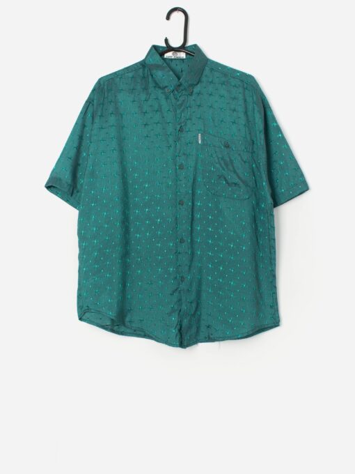 Vintage teal brocade shirt with button down collar - Large