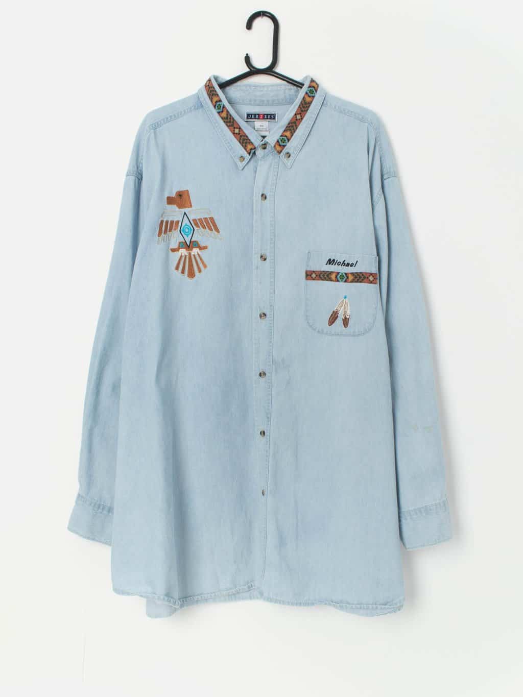 Vintage Aztec denim shirt with customised embroidery - 3XL