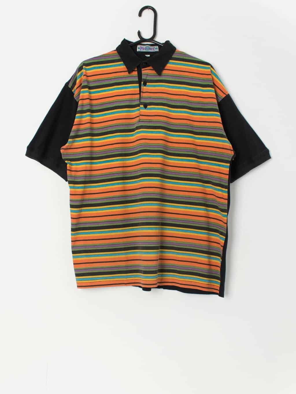 Vintage black polo shirt with multicoloured stripes - L