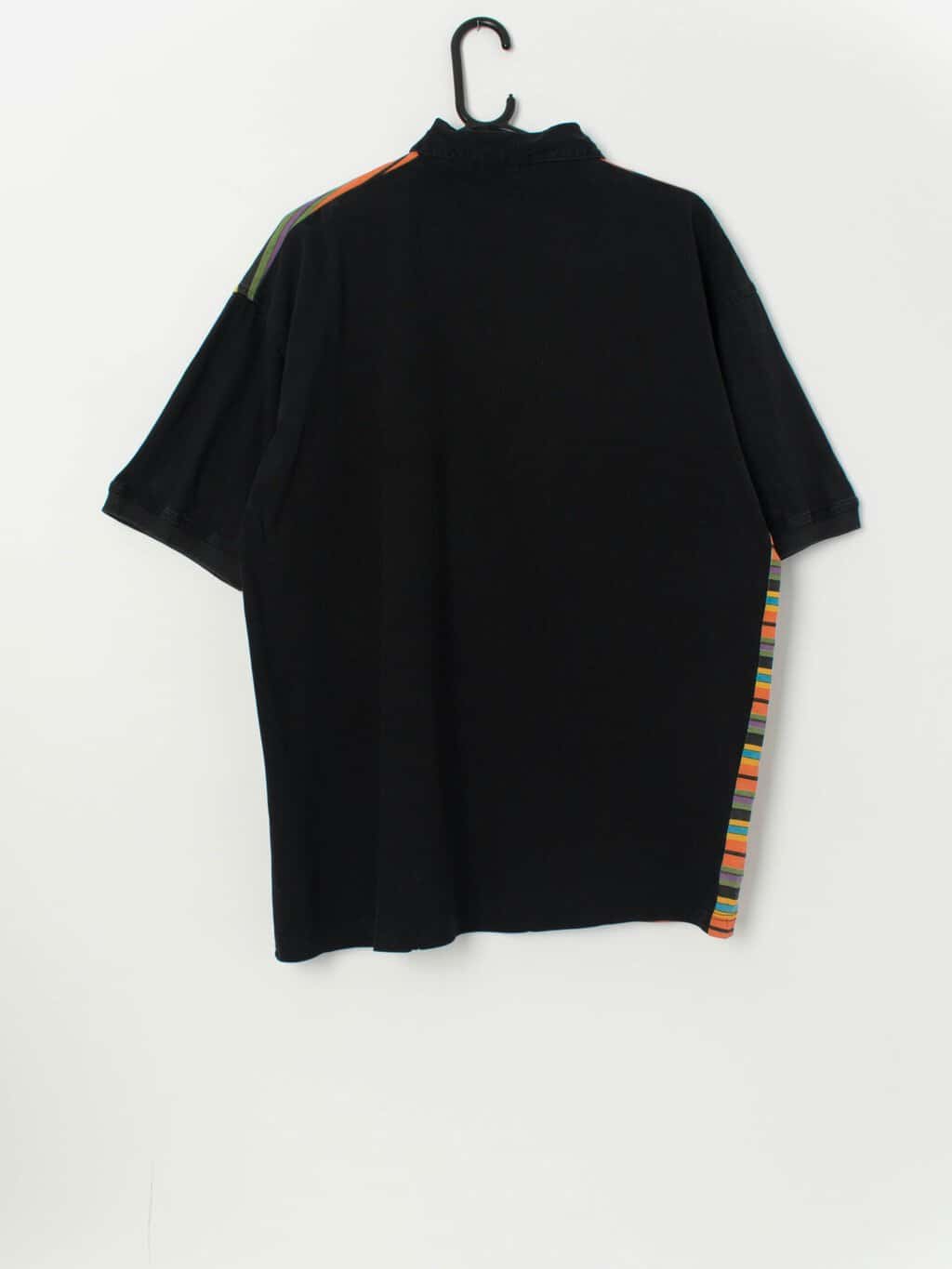 Vintage black polo shirt with multicoloured stripes - L - Image 3