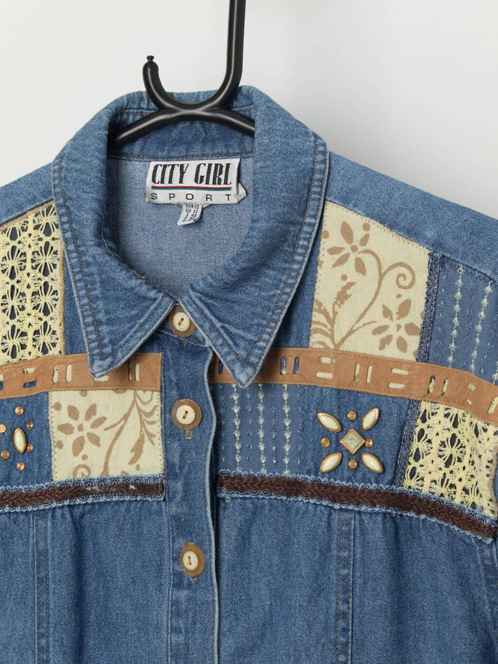 Vintage denim chore shirt tunic blouse with jewel detail - Medium - Image 2