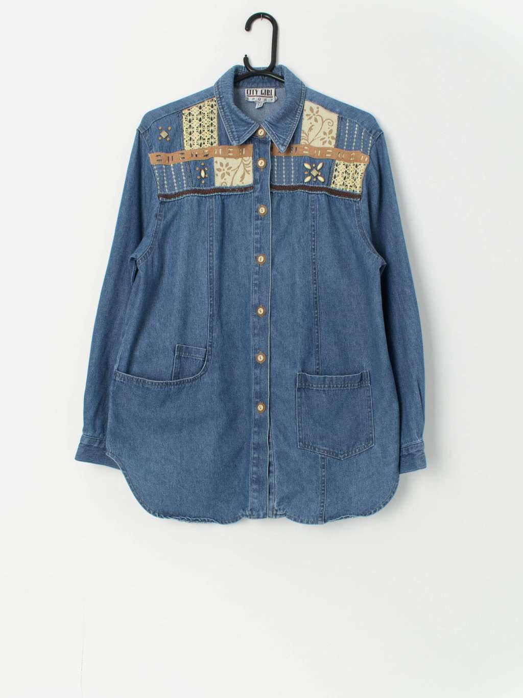 Vintage denim chore shirt tunic blouse with jewel detail - Medium