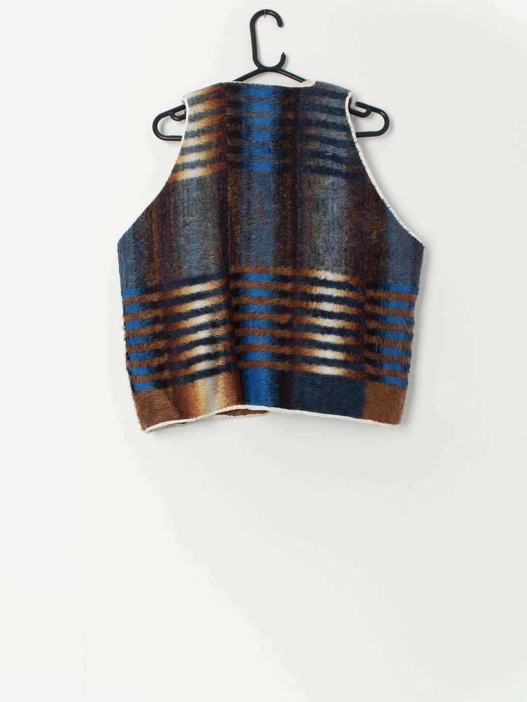 Vintage fluffy handmade waistcoat / gilet in blue and brown - Medium / Large - Image 2