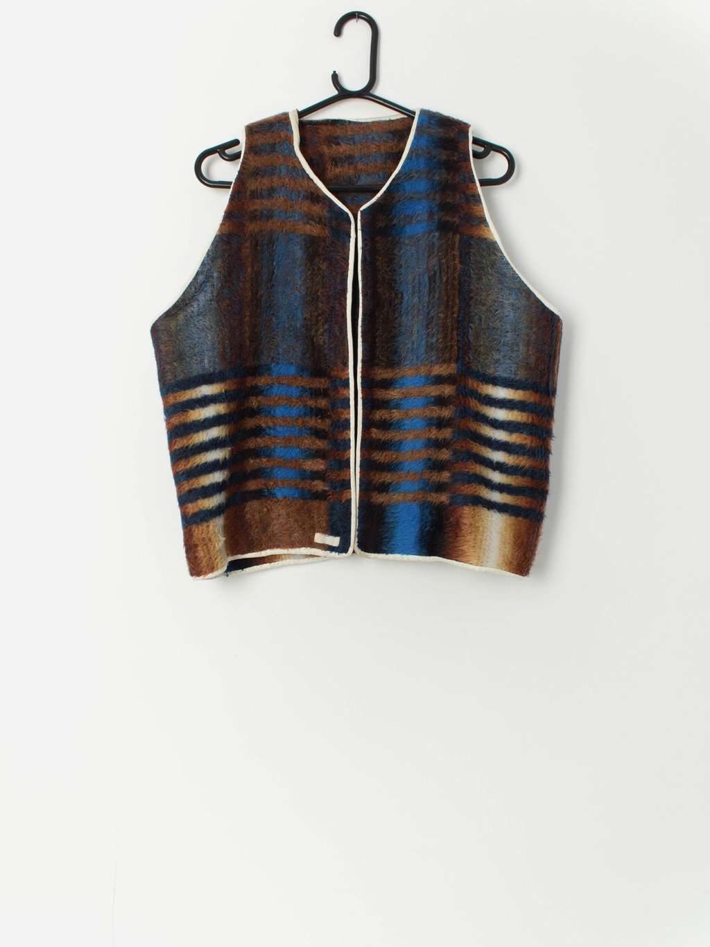 Vintage fluffy handmade waistcoat / gilet in blue and brown - Medium / Large