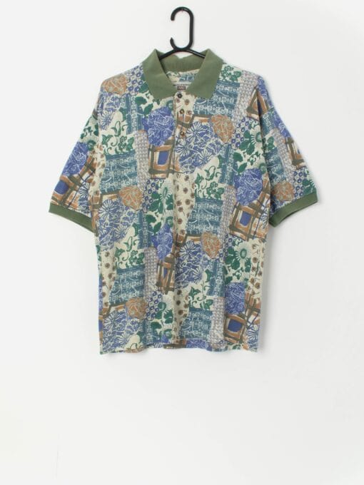 Vintage green polo shirt with funky design - Medium