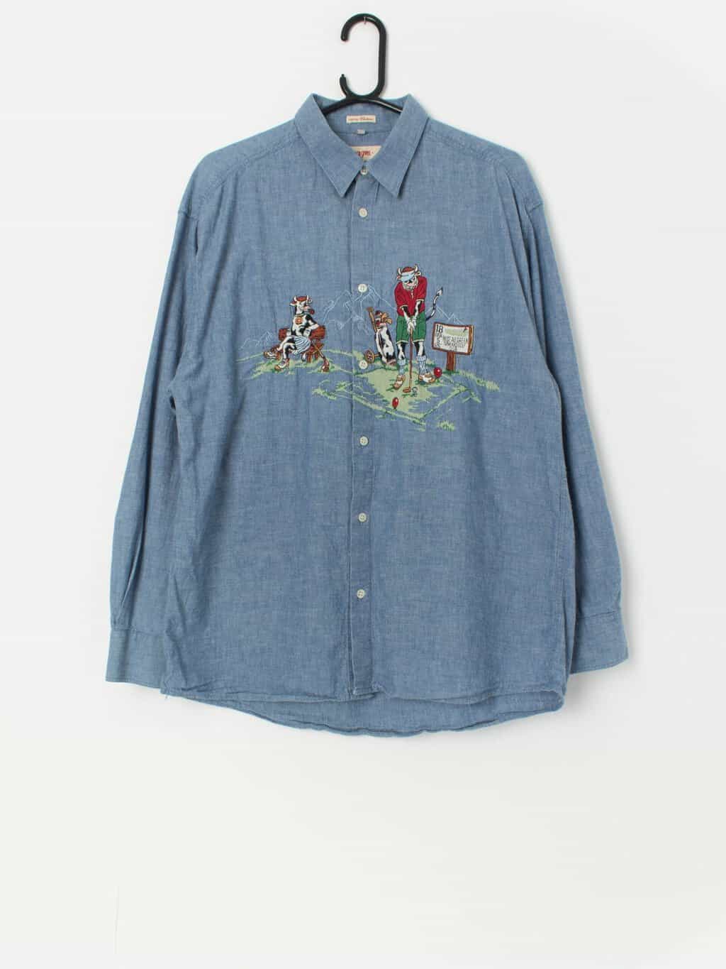 Vintage Mise Au Green denim shirt with embroidered golf theme - Medium