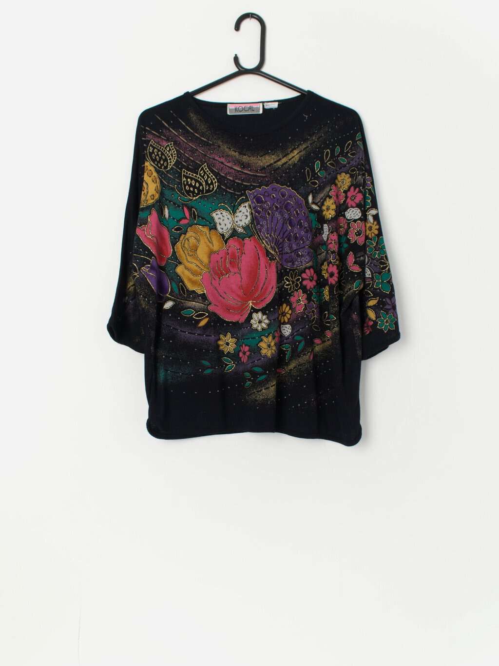 Vintage pretty floral top with batwing sleeves - Large