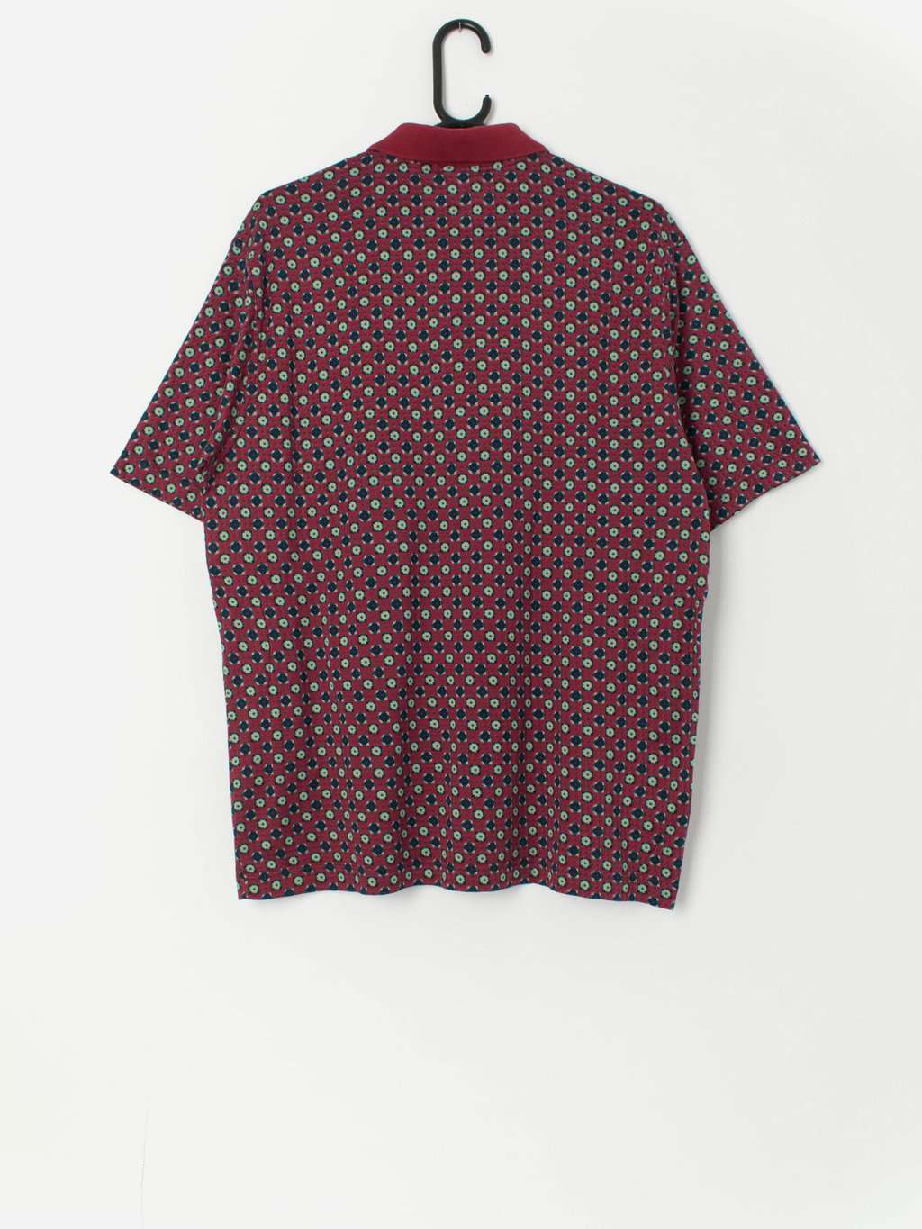 Vintage red polo shirt with green floral design - Large - Image 3