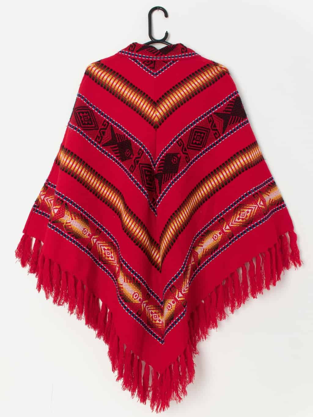 Vintage red woven poncho with scarf - Small / Medium - Image 3