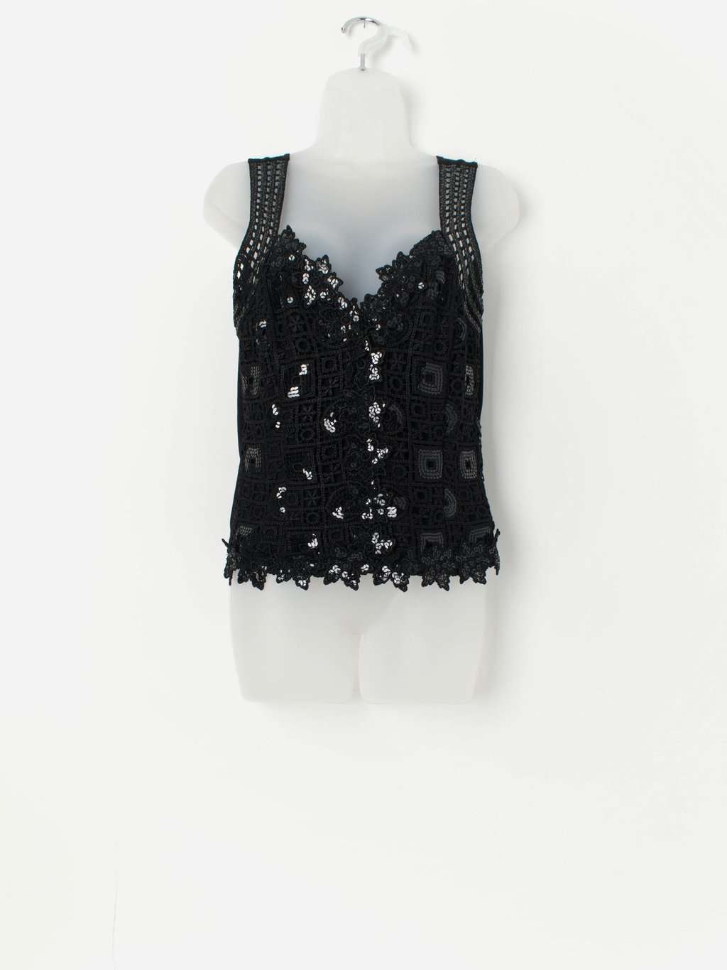 Vintage Sagaie Paris black sequin top with floral crochet design - Small / Medium