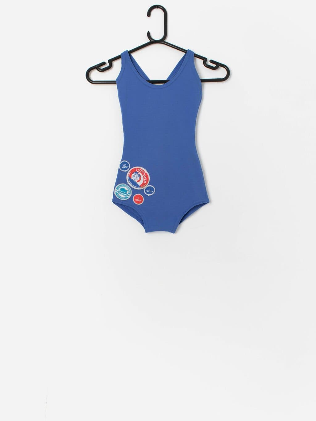 Vintage 1960s girls blue swimsuit with swimming badges - Age 7-8