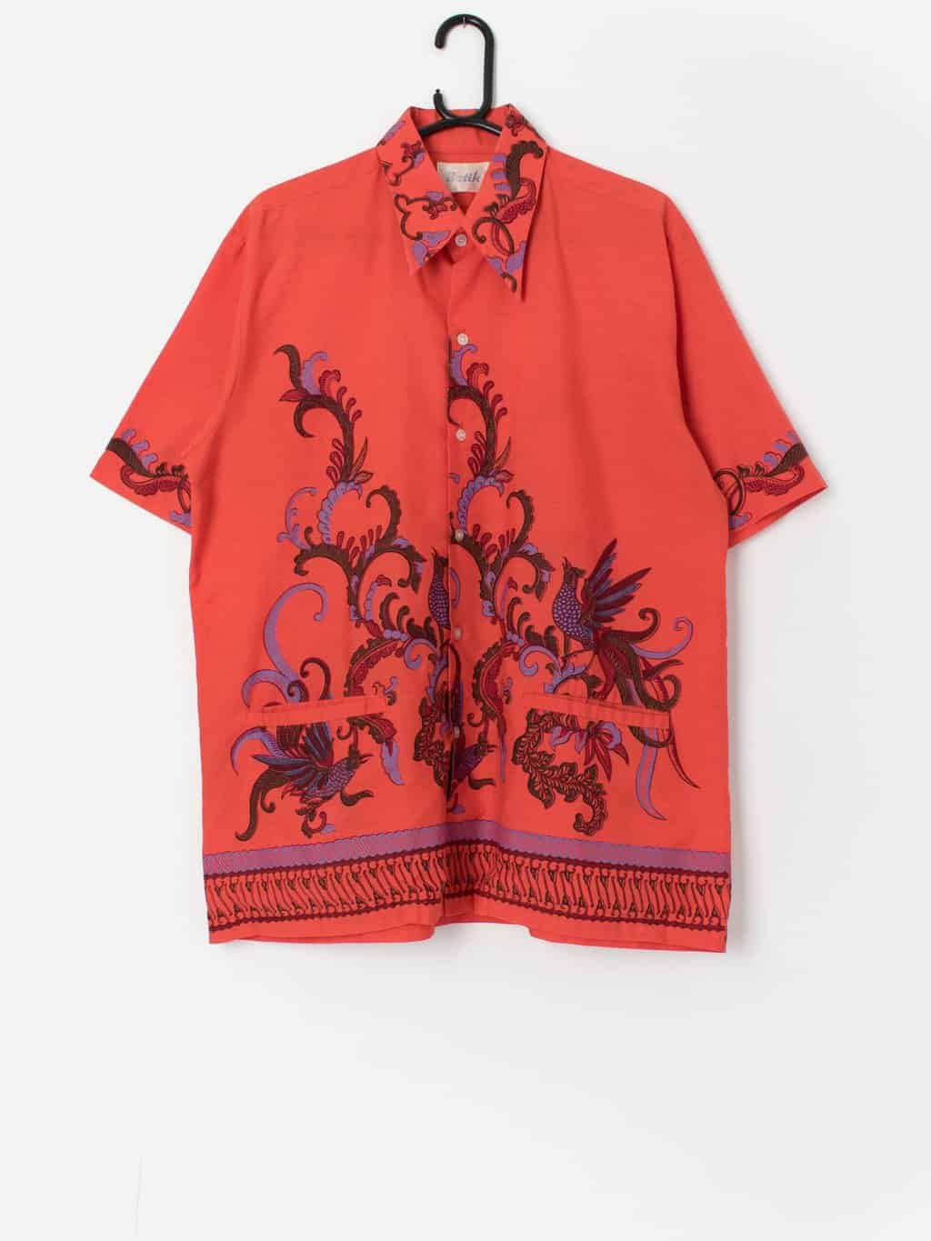 Vintage 70s Batik bright orange shirt - Large