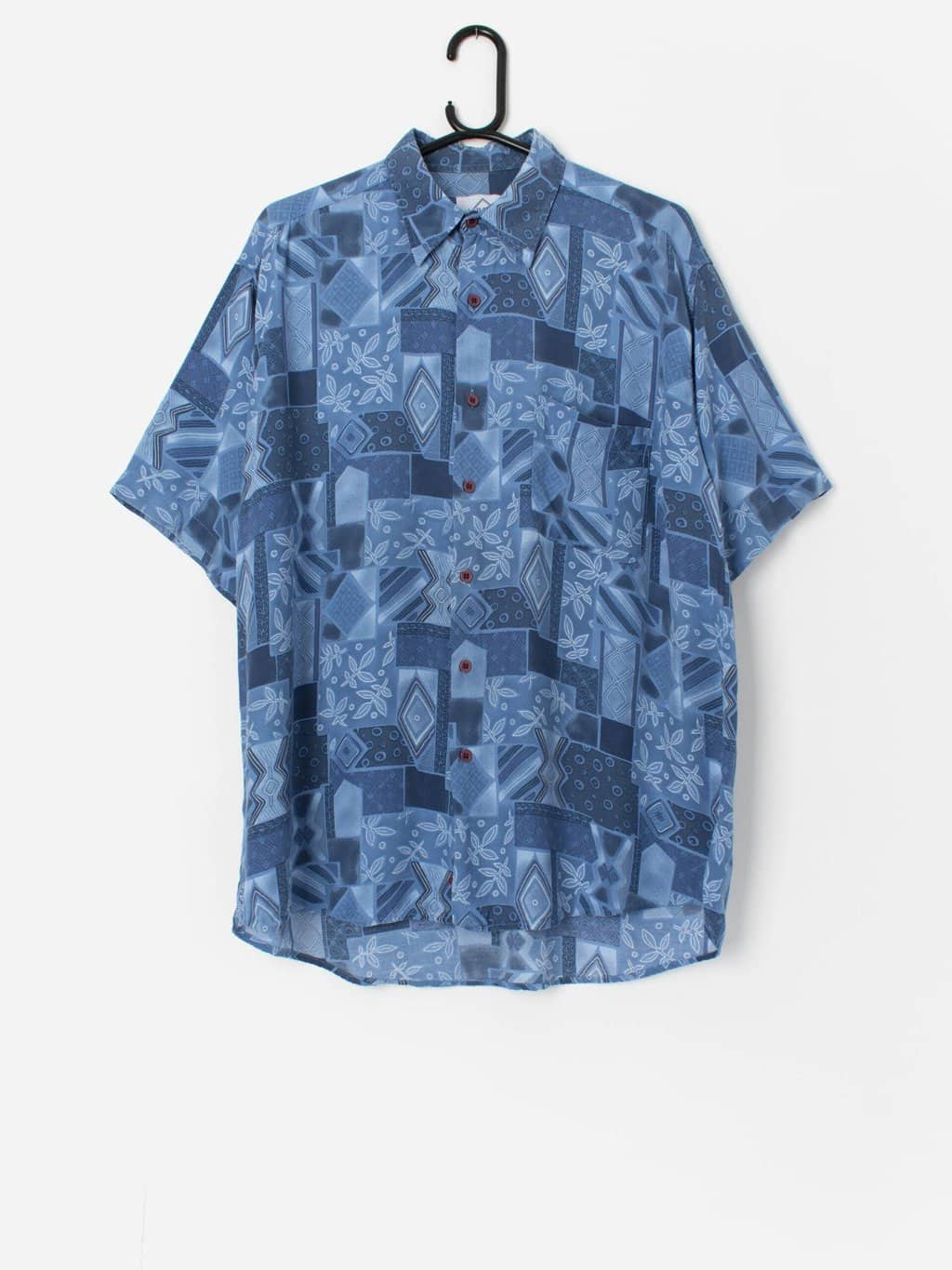 Vintage blue patterned short sleeve shirt - Medium