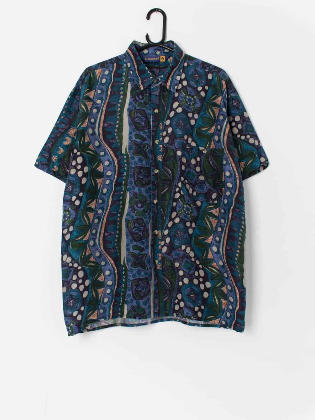 Vintage blue silk shirt with abstract pattern - Medium