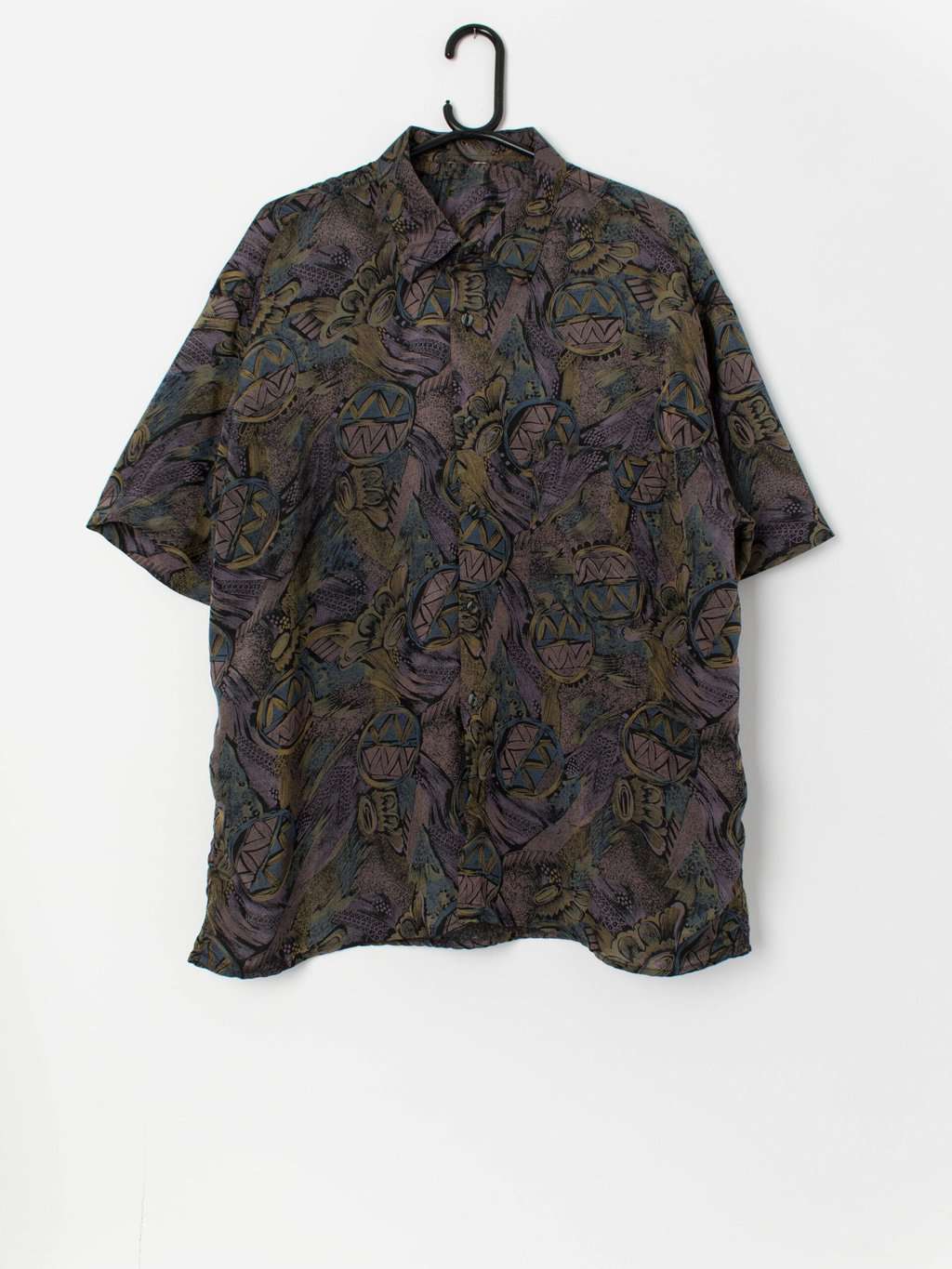 Vintage shiny patterned shirt with short sleeves - Large