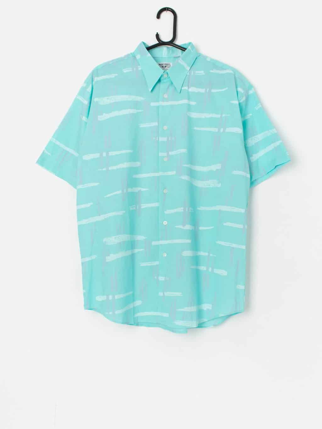 Vintage shirt in aquamarine blue with artsy pattern - Medium / Large