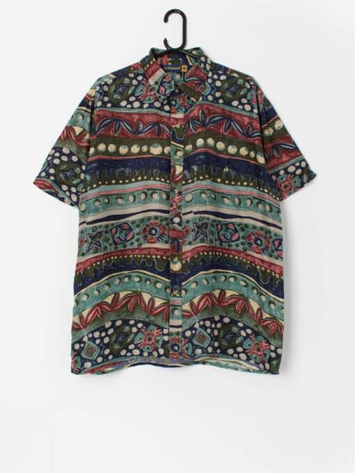 Vintage silk shirt with red and blue abstract pattern - Medium