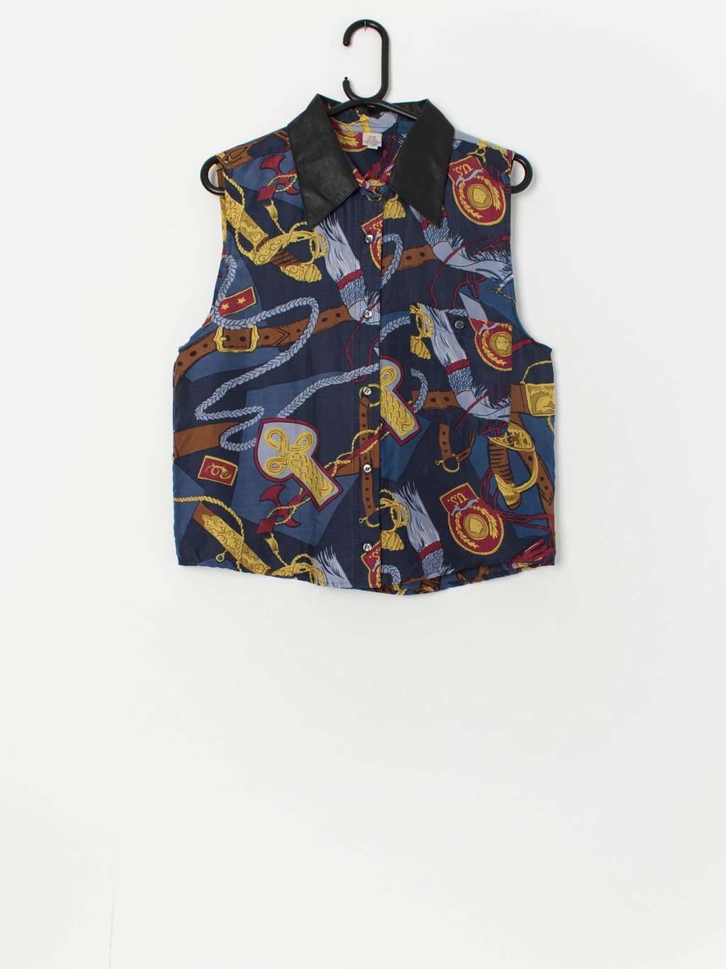 Vintage silk sleeveless blouse with nautical print - M