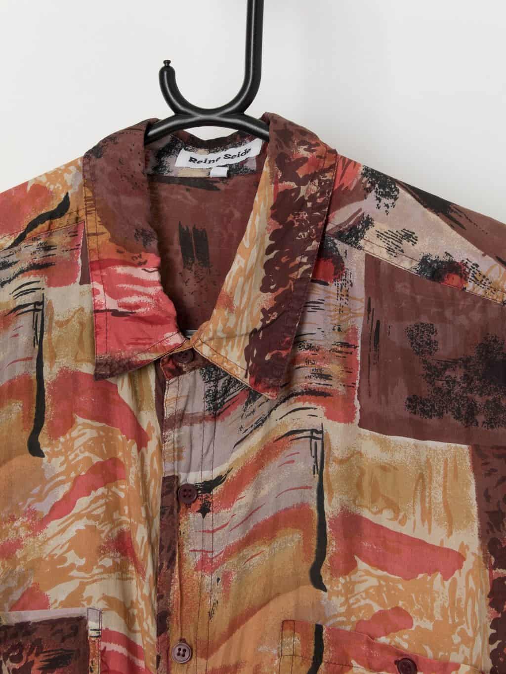 90s vintage silk shirt in red and brown - Large - Image 2