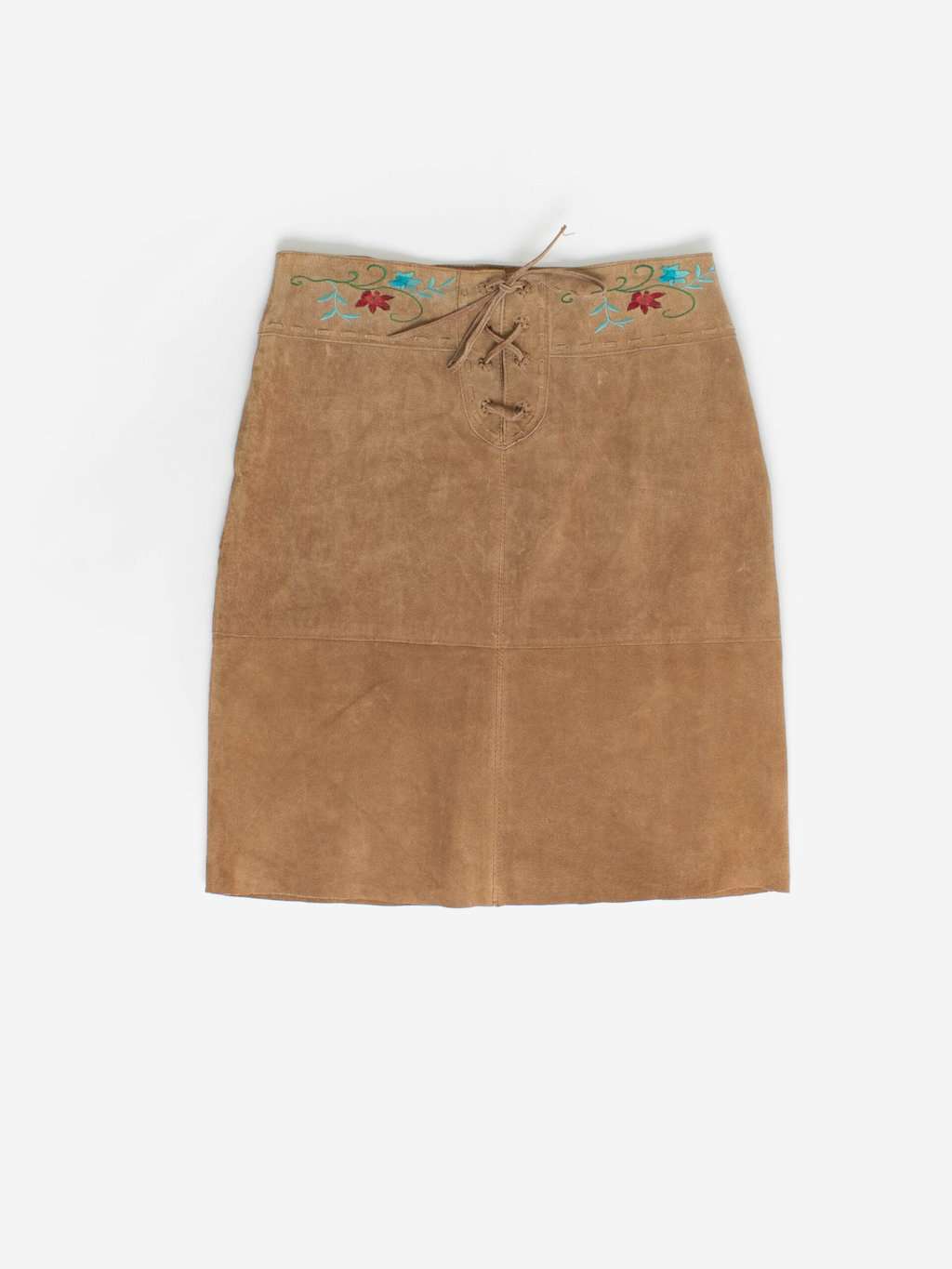 Vintage embroidered suede skirt with tie up detail - M/L