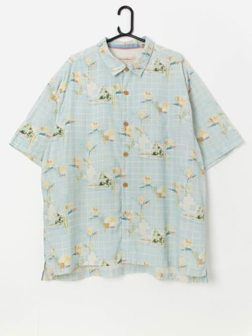 Vintage Hawaiian blue shirt with island pattern - 2XL