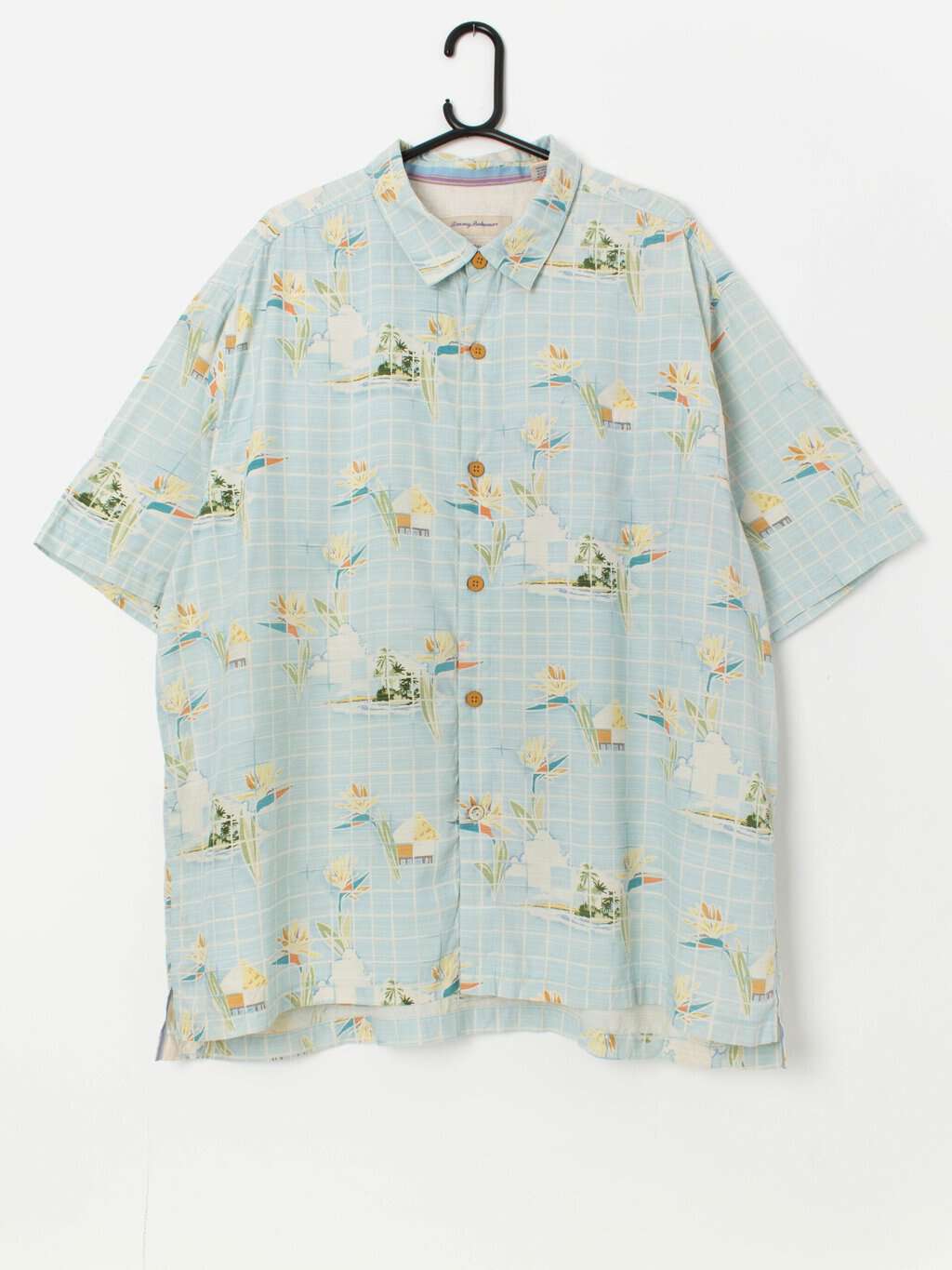 Vintage Hawaiian blue shirt with island pattern - 2XL