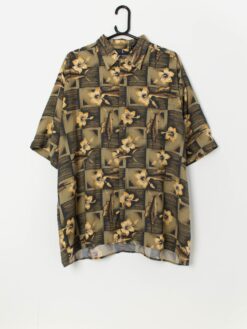 Vintage Hawaiian shirt in golden green with swordfish and floral pattern - XL