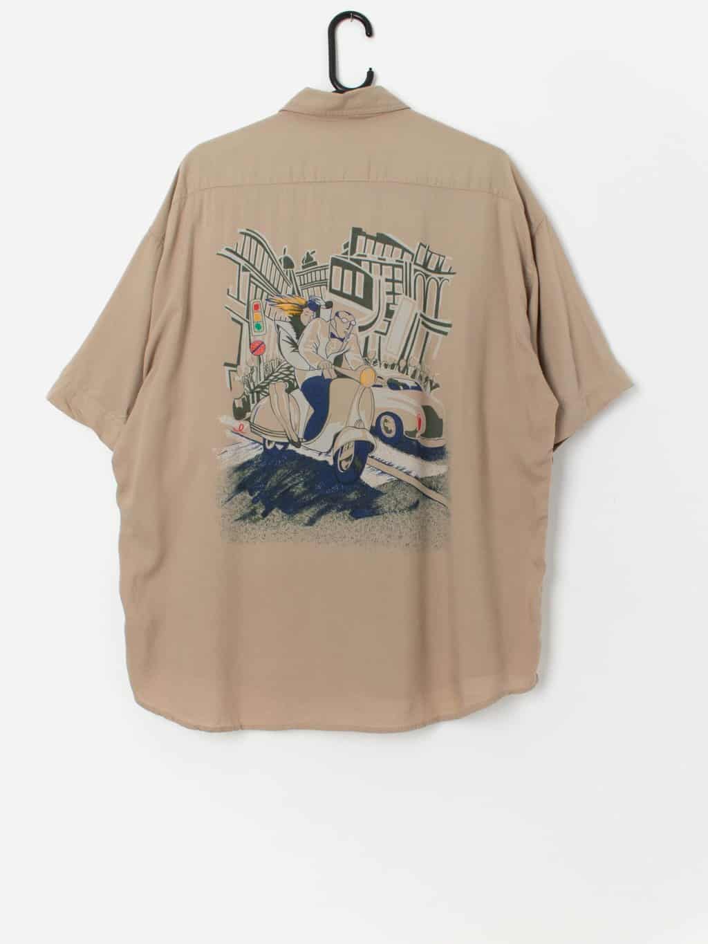 Vintage moped graphic shirt in khaki green - XL