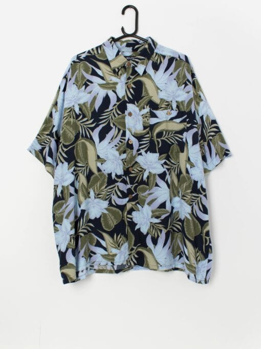 Vintage navy Hawaiian shirt with blue and forest green floral pattern - XL